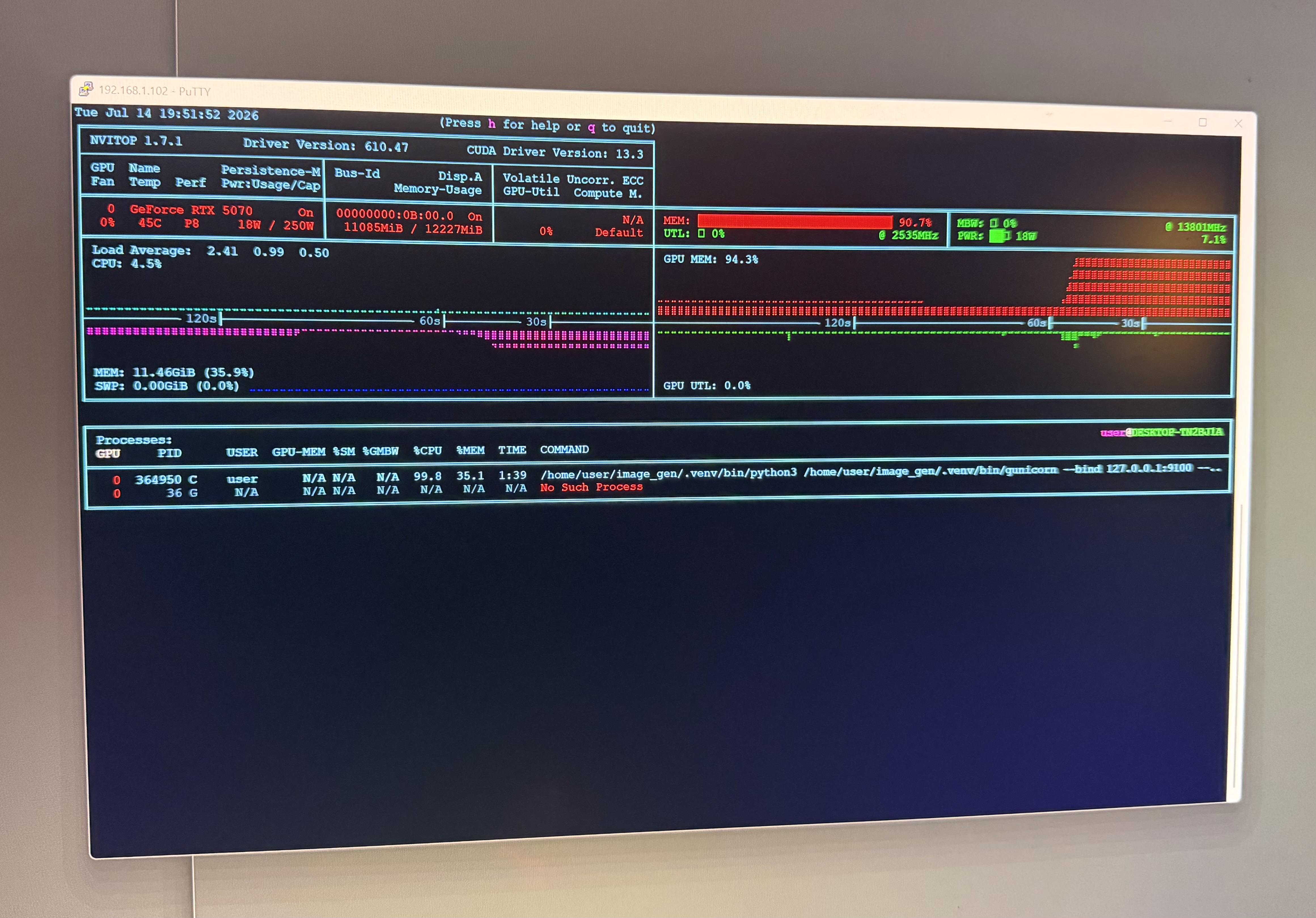 nvtop showing the RTX 5070 nearly full on memory while the image-generation Python process uses almost a full CPU core